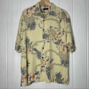 Cellinni Hawaiian Silk Shirt Pastel Large Hibiscus Pale Yellow Pink Gray